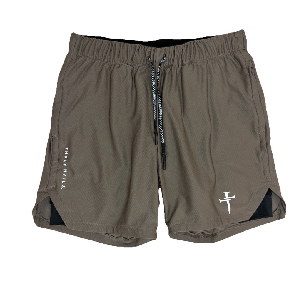 Three Nails Pro Tech 2.0 Mens Shorts Medium Taupe 5" Inseam Lined Gym Workout M